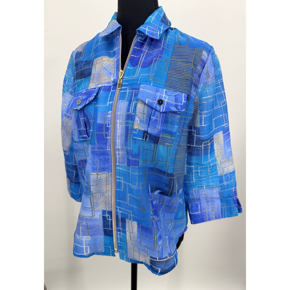 Draper's & Damons Zip Front Shirt Women PS Blue Good Sheer Geometric Abstract